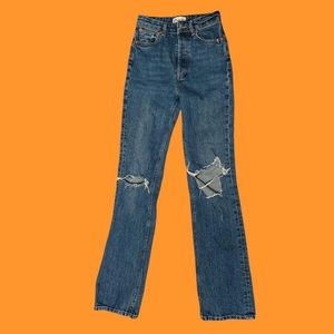 Ribcage Zara Boot Cut Blue Jeans with Asymmetrical Knee rips